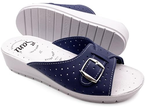 Ciabatte Donna Estive Comode Pantofole in Vera Pelle con Fibbia Regolabile a Punta Aperta Sandali Sanitari con Fascia (Blu, Sistema Taglie Calzature EU, Adulto, Donna, Numero, Media, 39)
