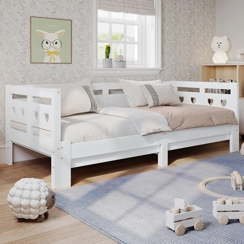 BXEYXE Daybett Tagesbett,Ausziehbar Bett,90 * 200cm,Kiefer massiv, mit 2. Schlafgelegenheit und Rollrost Herzform Bett Weiß