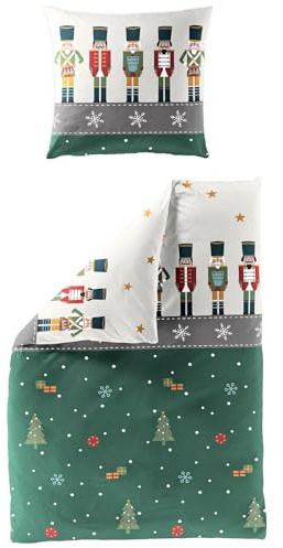 Traumschlaf Biber Bettwäsche Nussknacker jadegrün – warme Winterbettwäsche aus 100% Baumwolle – flauschig weich & temperaturausgleichend – im schönen Weihnachtsdesign – 155x220 cm + 80x80 cm