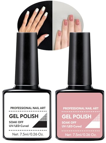 Pink & White Nail Gel Set, French Tips 2 PCS Nude Polish Kit, Soak off UV Nail Varnish Sets, Long Lasting, Natural Art Manicure Nail Polishes, Gift for Women