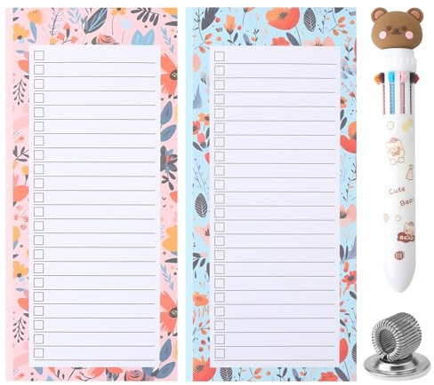 2 Stück Einkaufszettel Block, To Do Listen Block mit Stift und Stifthalter, 50 Blätter/Stück Notizblock Magnetisch Einkaufsblock, Einkaufsliste Magnetisch Kühlschrank Einkaufsliste, Blumendesign