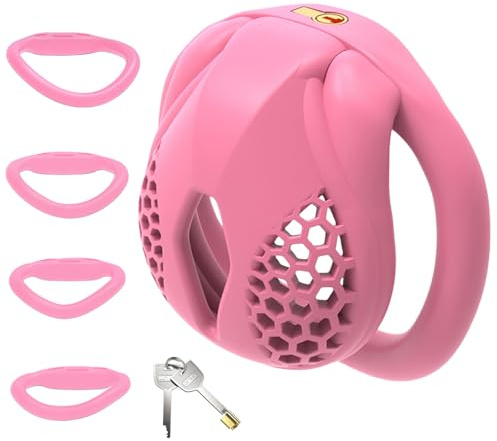 BDSMJOY Mini Chastity Device Cock Cage Sex Toys for Men, Chastity Cage Body-Safe Penis Cage with 4 Sizes Cock Rings, Adult Toys BDSM Bondage for Man Penis Exercise (Pink, S)
