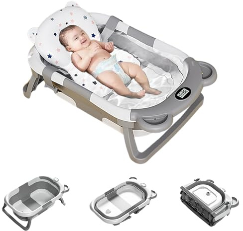 Balakaka Baby Bathtub Foldable with Comfort Support Cushion and Temperature Sensor, Safe Space-Saving Bath Tub for Newborn Infant Toddler 0-15 Months, Ideal for Travel and Small Bathrooms