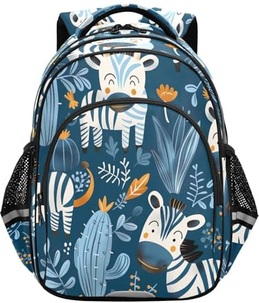 RPLIFE Cute Cartoon Zebras Cactus Blue 15 Inch Bagpack for Boys Girls, Elementary School Backpack for Girls