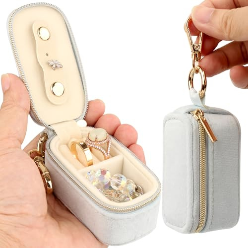 Aonstyna Small Jewelry Ring Holder Box with Keychain,Portable Gym Travel Jewelry Case Organizer Velvet Mini Ring Earring Stud Necklace Storage