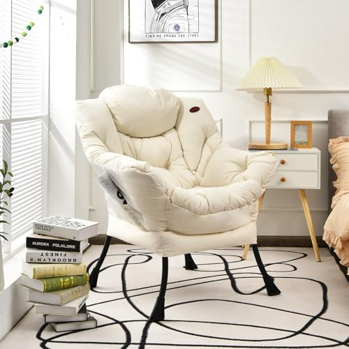 COSTWAY Fauteuil Salon Scandinave avec Oreiller et Poche Latérale, Relax Confortable pour Lecture, Cadre en Métal pour Charger de 114 kg, Beige