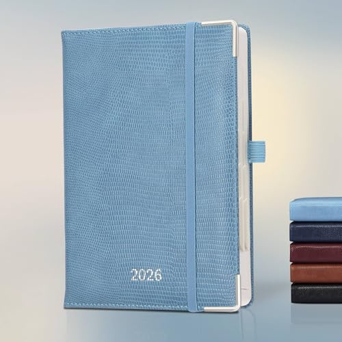 IN-LUXPRO Kalender 2026 Tagesplaner 21,5x15cm Tageskalender 1 Tag 1 Seite(Montag - Sonntag), Terminplaner(Jan.2026-Dez.2026)Buchkalender mit 80GSM Papier& Stiftschlaufe Premium Vegan-Leder Himmelblau