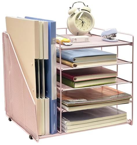 TempFoo Pink Desk Tidy File Storage Organiser Holder, Stationary Supplies Letter Magazine Book Paper Trays Organizer, for Home Office Teacher Supplies Desktop Accessories