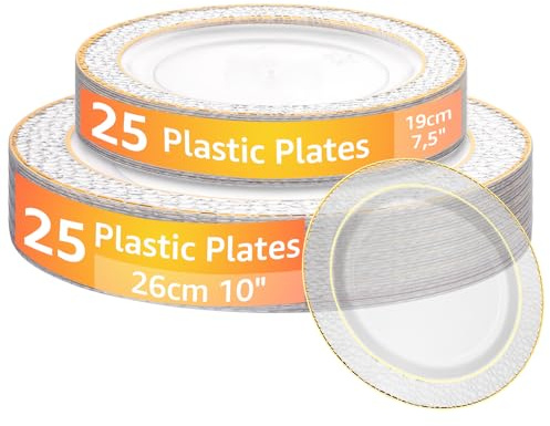 AKOLAFE 50 Transparent Plastikteller mit Goldrand, 2 Größen Mehrweg Kunststoffteller 19cm und 26cm Stabiles Plastik Teller Wiederverwendbare Platzteller für Hochzeiten, Party, Geburtstage, Weihnachten