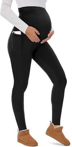 CheChury Legging Premaman Donna Invernali Leggings Termici Lunghi Pantaloni Gravidanza Collant Pesanti Elasticizzato e Comodo Leggins Premaman a Vita Alta Basic Pantaloni Gravidanza Tasche la casa