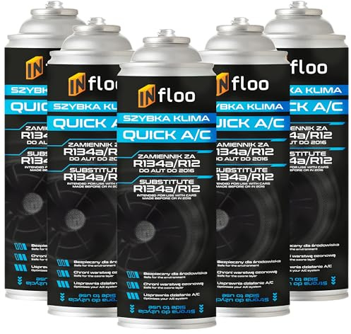 INfloo 5x Quick A/C R134a – Refrigerante 5x185g (1,73 L) + Guantes | Para vehículos hasta 2016 | Sustituto de R134a | Aire acondicionado de coche