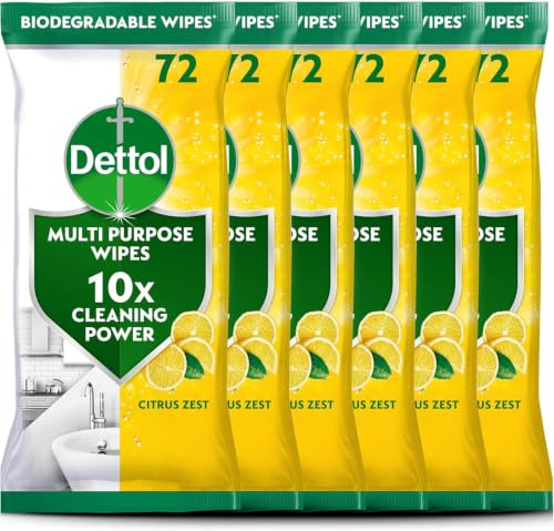 Dettol Antibacterial Multipurpose Cleaning Wipes, Citrus Zest, 70 pack (6 x 72, Total 432 Wipes) Disinfectant, Biodegradable, 10x Cleaning power vs Water alone, Kills 99.9 Percent of Germs