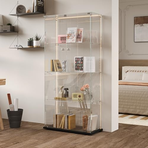 Glasvitrinskåp stående vitrinskåp med LED-belysning och glasdörrar glasvitrinskåp, samlarvitrinskåp, glasdisplay, skåp för vardagsrum, sovrum, kontor (svart, 2 dörrar, 4 nivåer – ljuslist)
