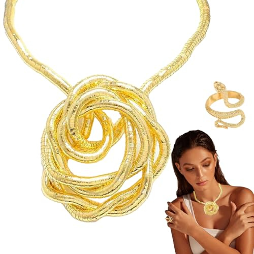 VYNZOR Schlangenkette,Biegbare Halskette und Ringe Frauen Schlange,Schlangenkette Gold,Biegsame Gedrehtes Schlangen Wickel Halskette für Frauen Mädchen,Geburtstagsgeschenke