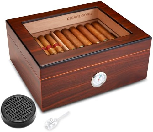 CIGARLOONG Zigarrenhumidor/Box aus Zedernholz, 2 Etagen, Zigarrenzubehör mit Befeuchter, Hygrometer und modernem Glasdeckel, Geschenk für Männer, fasst ca. 50–70 Zigarren (Groß)