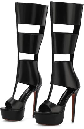 FancyQueen Platform Knee High Sandals for Women, Gladiator Open Toe Summer Boots Black Peep Toe Heels Sandal Boots, Sexy Style for Party