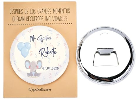 Pack de 12 Chapas abrebotellas personalizadas con imán, 58 mm, Envoltorio opcional, Detalles bautizo, Detalles invitados bautizo, Detalles personalizados bautizo, Regalantes (Modelo Elefante Niño)