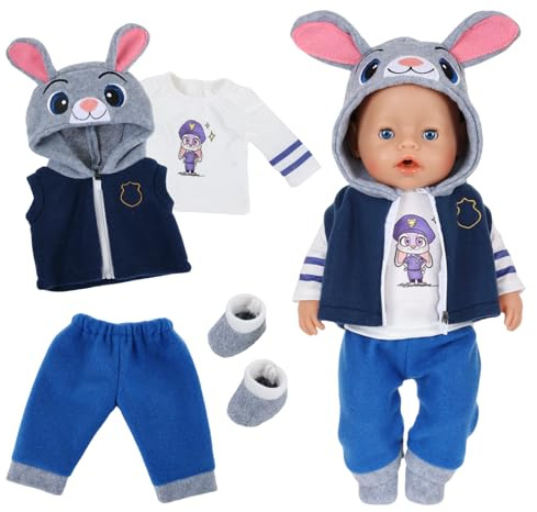 4 Stück Baby Puppen Puppenkleidung 35-43 cm Newborn Baby Puppen 1 Blaue Kapuzenweste 1 Weißes Oberteil 1 Blaue Hose 1 Paar Socken, 14-18 Zoll Hasenk Outfits für Mädchen Jungen(Puppe Nicht enthalten)