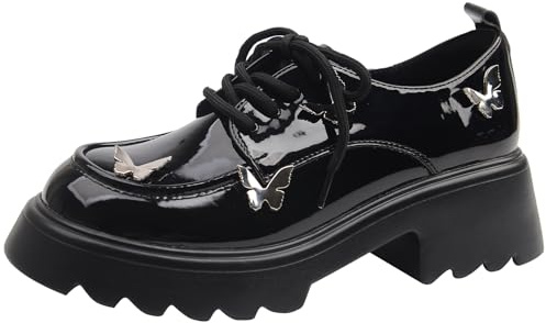 Zapatos Oxford con Plataforma Mujer Cuero Negro Suela de Tacos Gruesa Cordones Slip On Mocasines de Moda Casual para Calle y Oficina,Black Patent,42 EU