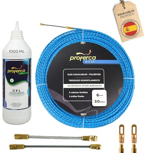 PROFERCA Guia Pasacables Profesional de 6mm y 30 Metros de Poliéster Trenzado con Terminales Intercambiables | Pack Ahorro | Accesorios de Repuesto | Guía Electricista