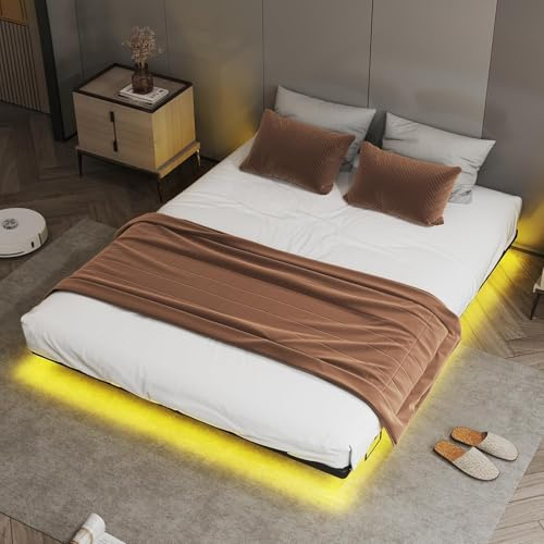 COMHOMA Marco de Cama de Metal, Cama de Invitados, Estructura de Metal, con LED y enchufes, Cama Juvenil de 120 x 190, aplicación y Mando a Distancia, construcción Estable con somier