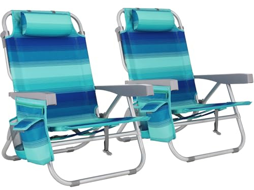 LIFERUN Strandstuhl Klappbar Leicht Aluminium 2er Set, Rucksack Klappstuhl Strand, Campingstuhl Kann Flach Liegen,bis 150 kg belastbar, Outdoor Faltstuhl Verstellbarer Hohe Rückenlehne Eisbeutel Blau