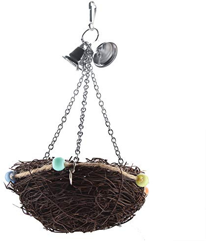 SIXRUN Nido de Paja para Loros y Pájaros de Ratán, Juguete Colgante con Campanas para Loros Pequeños y Medianos, Accesorios Coloridos para Jaula, Juguetes para Aliviar el Estrés, 10,6x4,7 Pulgadas
