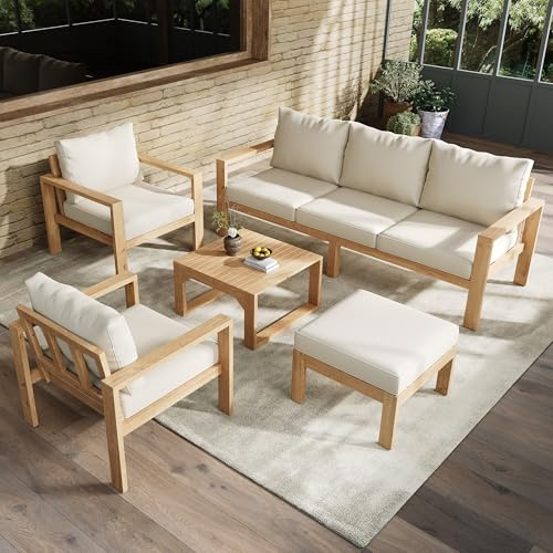 Generico Set mobili da giardino, adatto per 4-6 persone, struttura in acacia, tavolo a tre posti + due sedie singole + poggiapiedi + tavolino, adatto per il giardino, naturale + crema
