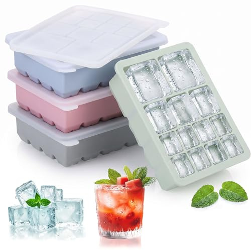 Hejo 4 Pezzi Stampo Ghiaccio in Silicone con Coperchio - 3 Taglie | Facile Rilascio, Stampi per Ghiaccio Riutilizzabili e Impilabili per Whisky Cocktail Bevande da Festa Dessert (4 Colori)