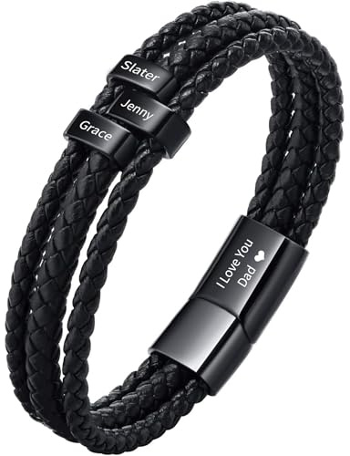 Apeso Personalisierte geflochtene Lederarmbande für Männer, benutzerdefinierte gravierte 2-8 Namen Familie Armband, Herren Lederarmband Männer Geschenk für Freund Großvater, Weihnachten Valentinstag