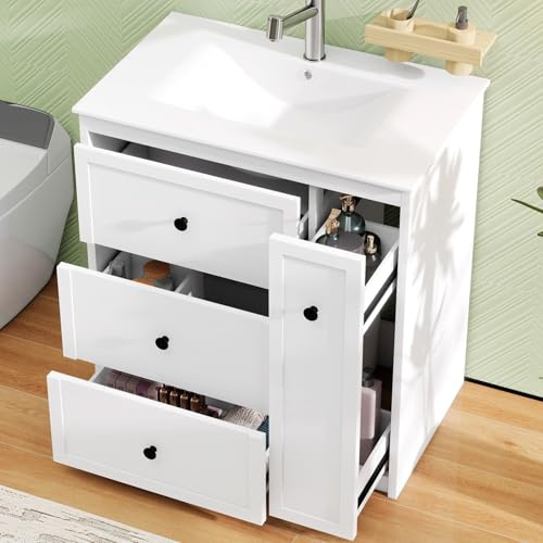 76 x 46 x 82 cm. Lavabo de pie completamente lacado, cajón lateral extraíble, gran espacio de almacenamiento, lavabo de cerámica integrado, rieles deslizantes silenciosos, color blanco.
