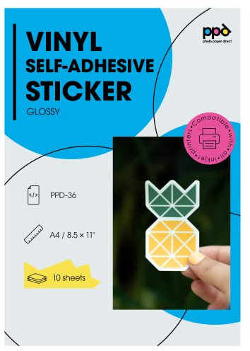 PPD 10xA4 Inkjet PREMIUM Vinyl Aufkleberfolie Bedruckbar, Weiß, Glänzend, Selbstklebend PPD-36-10