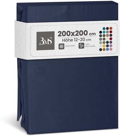 Bettwaesche-mit-Stil Mako Satin Spannbettlaken Spannlaken Spannbetttuch (200cm x 200 cm, Matratzenhöhe 12-20 cm, Dunkelblau)