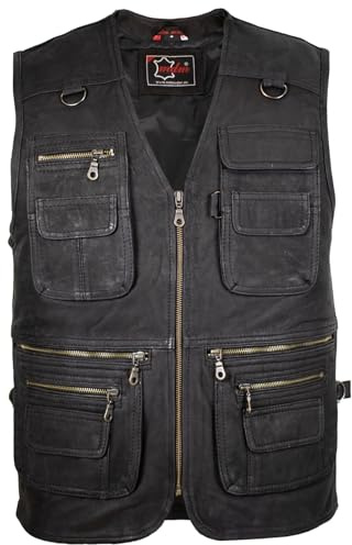MDM Läderväst för män, fritidsväst, jaktväst, fiskarväst, chopper väst, rockerväst, bikerväst,, svart, 4XL