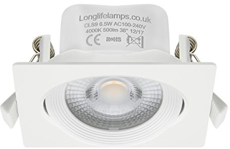 Long Life Lamp Company 4 x Adjustable 6.5w LED Recessed Ceiling Downlights Square 4000k Cool White 500 Lumens CLS9