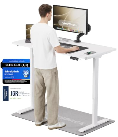 DESKSPACE PRO Elektrisch höhenverstellbarer Schreibtisch (140x70 cm) | Bürotisch mit Kollisionsschutz, Memory-Funktion, USB-Anschluss, 10 Jahre Garantie (Gestell weiß, Tischplatte weiß)