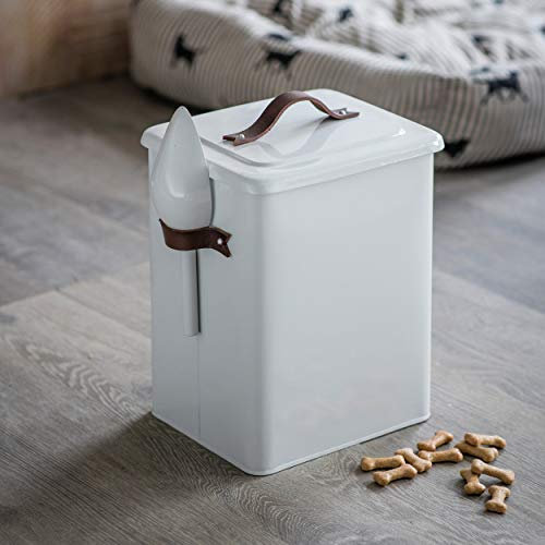 CKB LTD Medium Pet Food Storage Tin with Scoop Holds Dog Cat Animal Treats Metal Food Tin Box Bin Sealed Lid - Leather Handle - Made from Chalk-coloured Steel 7kg: H34 x W25 x D19cm