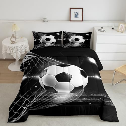 Football Print Bedding Set Boys Black White Soccer Ball Comforter Set For Kids Children Teens Sports Theme Game Competition Comforter 3D America Football Duvet Set Bedroom Decor Quilt Set 2Pcs Twin