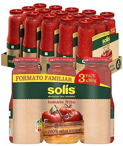 Solís Tomate Frito Frasco pack 5 de (3x360g) | Tomate con aceite oliva frasco cristal tripack, ideal para recetas diarias, para toda la familia, sin gluten.