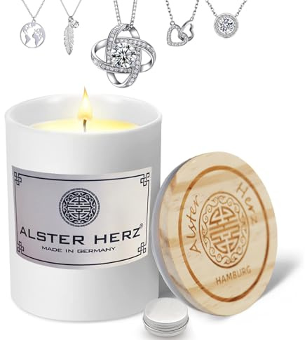 *ALSTER HERZ* Schmuckkerze, Kerze im Glas mit Deckel, handgefertigt, Halskette, Silber, Modeschmuck, ohne Duftstoffe, originelle Geschenkidee, Made in Hamburg (Weiß)