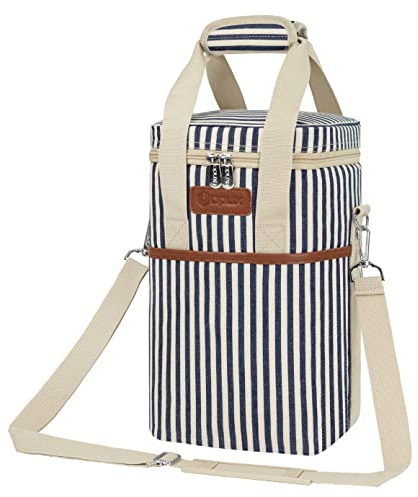 Opux 4 Bottle Insulated Wine Cooler Bag - Portable, Leakproof Padded Carrier for Travel, Picnic, BYOB - Navy White Stripe