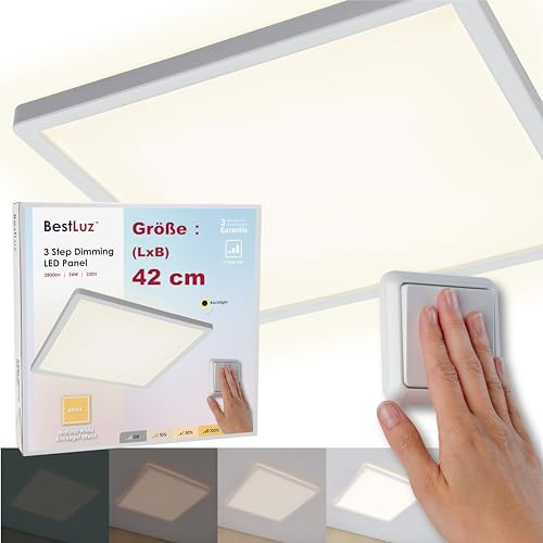 BestLuz LED Deckenleuchte Flach Eckig 42cm 24W 2800LM Dreistufige Dimmung LED Panel Deckenlampe Neutralweiß 4000K mit Backlight-Effekt für Badezimmer Schlafzimmer Wohnzimmer Küche, Ultra Dünn