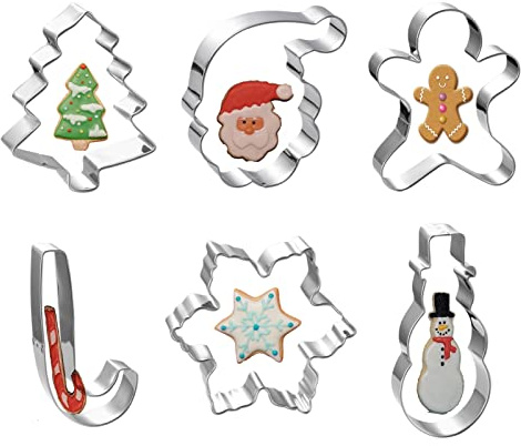 Large 4 Inch Christmas Cookie Cutter Set - 6 Pieces Holiday Christmas Cookie Cutter Shapes - Snowman,Christmas Tree,Gingerbread Man,Candy Cane,Snowflake and Santa Face