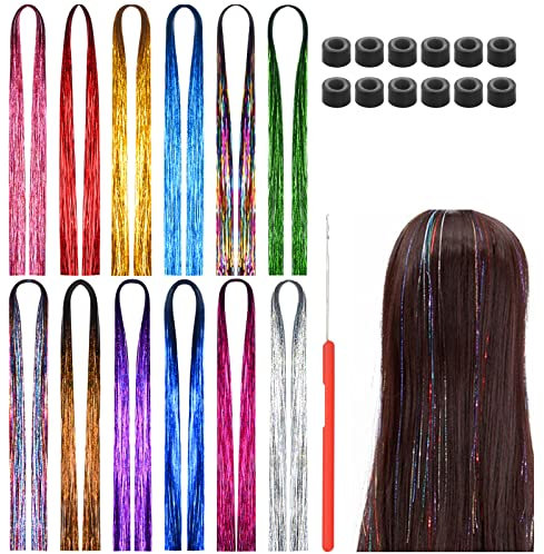 Cozlly 12 Farben Hair Extension Glitter, Haar Lametta, Haarverlängerung mit Werkzeugen, Hair Tinsel Glitter, Haarverlängerungen für Party, Musikfestival Hair Flairs - 3360 Stränge
