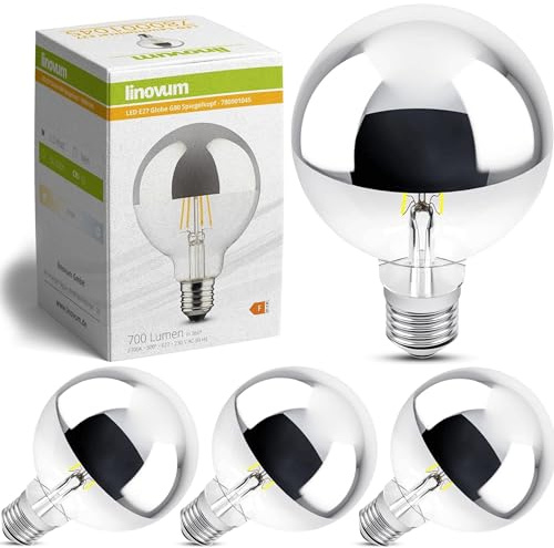 linovum LED Kopfspiegellampe 4er Set E27 Globe XXL G125 2700K warmweiß 7W | Vier verspiegelte Filament-Lampen XXL - blendfreies warmes Licht 2700K, große G125-Kugel, für Pendel- & Esstischleuchten