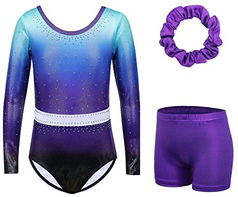 XFGIRLS Justaucorps de gymnastique pour filles à manches longues Justaucorps scintillants de danse sans manches Shorts de ballet gymnastique pour filles 3-16 ans, 9-10 ans