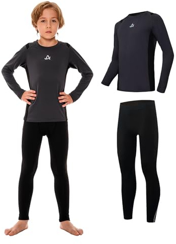 AMZSPORT Biancheria Intima Termica per Bambini, Set Intimo a Manica Lunga per Ragazzi, Comfort e Traspirabilità per Lo Sci, Il Calcio e Gli Sport Invernali, Grigio S