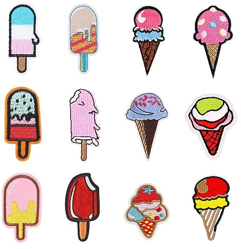 JKJF 12 Stück Eiscreme Patches Eistüte Aufbügeln Bügelbild Eis Aufnäher Applikation Nachspeisen Stickerei Patches für Kleidung Rucksack Schuhe Jacke Jeans Hut Kleid