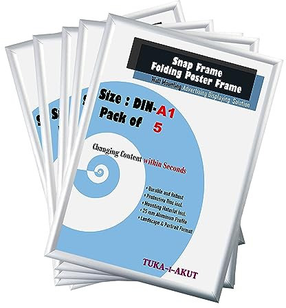 TUKA-i-AKUT 5x A1 Marcos Plegables de Aluminio, Marco para Carteles Póster Fotos con Aluminio Perfil de 25 mm, Clic Sistema y Material de Fijación, Marco Intercambiable Color Plata TKD8420-A1-5X