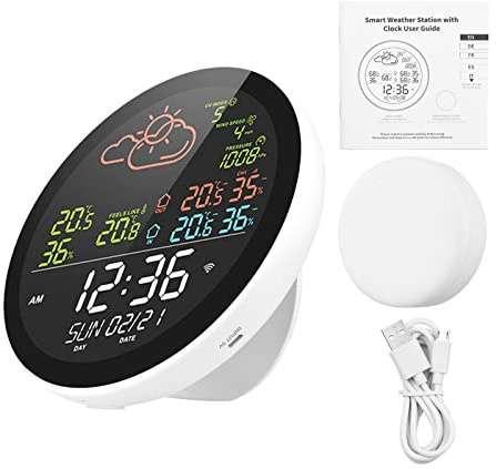 Weytoll Station météo intelligente avec horloge température et humidité mètre multifonctionnel grand écran couleur horloge météo Temp. & Jauge d'humidité avec 3 capteurs